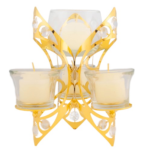 24k Gold-Plated Three Plate Candle Holder Figurine - Emerald Swarovski Crystals