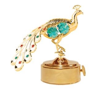 24K Gold Plated Peacock Music Box W/Green Swarovski | Mascot USA