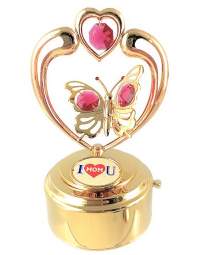24K GOLD PLATED BUTTERFLY IN HEART  MUSIC BOX W/CLEAR SWAROVSKI ELEMENT CRYSTAL