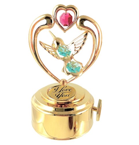 24K GOLD PLATED HUMMINGBIRD IN HEART MUSIC BOX/CLEAR SWAROVSKI ELEMENT