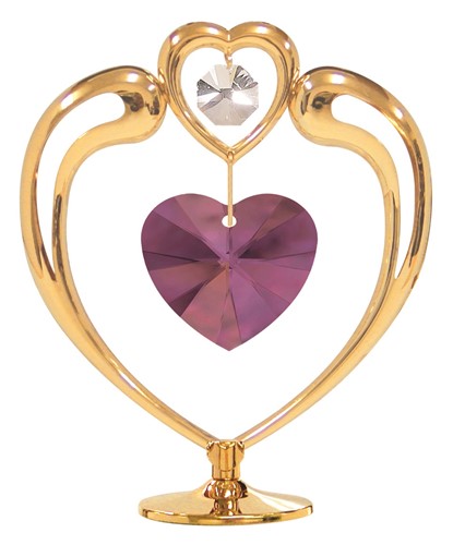 24K GOLD PLATED LARGE HEART IN HEART ON STAND W/ BIRTHSTONE (FEBRUARY)