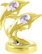 24k Gold Plated Twin Dolphins on Stand/Swarovski Element Crystal Clear